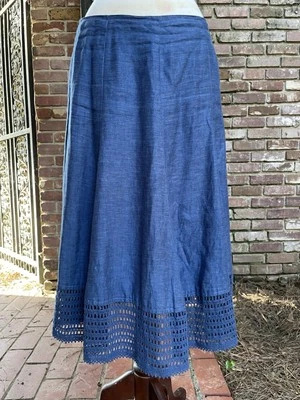 Jones New York Signature 100% linen light navy midi A-line skirt size 8 Side Zip - Изображение 1 из 4