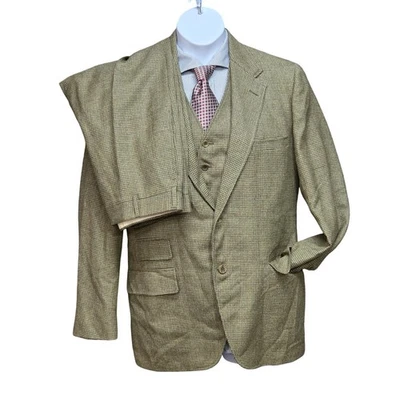 Vintage 60s 70s 3 Piece Suit Mens 42R 32W Wool Houndstooth Dark Academia Trad - Image 1 of 4