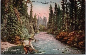 Postal de felicitación vintage de OREGÓN de los años 20 "Pesca en Rogue River" / sin usar - Imagen 1 de 2