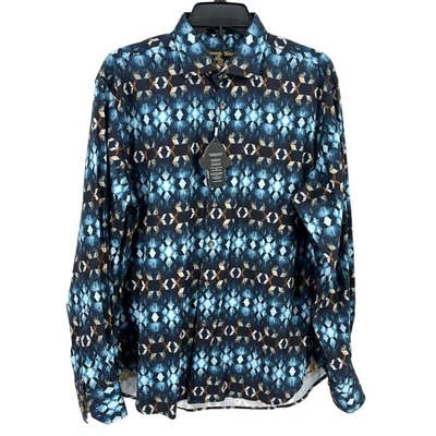 Camisa de Vestir Luchiano Visconti Negra Geométrica Botón Frontal Talla Mediana Negra Azul Foto 1 de 4