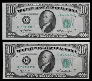 NARROW/WIDE CHANGEOVER PAIR $10 1950 Gem CU FRN's G15233136B-37B Chicago - Picture 1 of 3