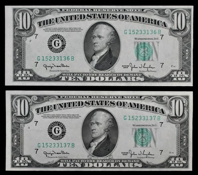 NARROW/WIDE CHANGEOVER PAIR $10 1950 Gem CU FRN's G15233136B-37B Chicago - Image 1 of 3