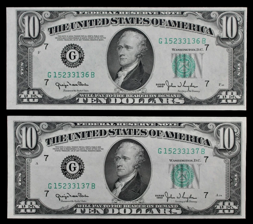 NARROW/WIDE CHANGEOVER PAIR $10 1950 Gem CU FRN's G15233136B-37B Chicago - Image 1 of 3