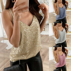 🐟Women Glitter Strappy Tank Tops Sequins Sexy Sparkle Cami Swing Vest Clubwear