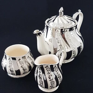 Sadler Tea Set, Tea Pot Cream Sugar Set, Silver Luster, Swirled, England, 1950s - Picture 1 of 11
