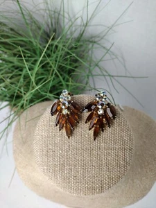 Tara Signed Amber Colored Tree Navette AB Rhinestone Climber Clip Earrings EUC - Picture 1 of 4