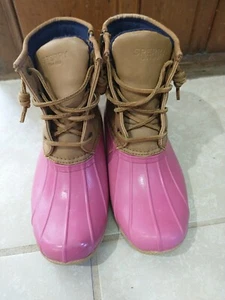 Sperry Top Sider Boots Waterproof Rubber Duck Girls 4 Pink Brown Lace Up Outdoor - Picture 1 of 7