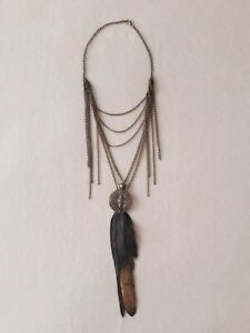 Bronze Tone Medallion Necklace with Real Feathers Pendant, Boho Sexy