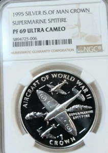 1995 ISLE OF MAN SILVER CROWN SUPERMARINE SPITFIRE NGC PF 69 ULTRA CAMEO TOP POP - Picture 1 of 4