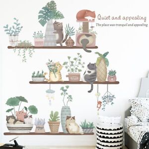 Cartoon Cat Plant Flower Wall Sticker Home Living Room Decor Vinyl Wall De-i-