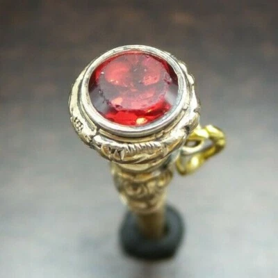 Stunning Antique 1860s European Gold & Red Gemstone Pocket Watch Winding Key Fob - Image 1 of 4