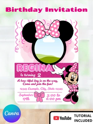 Pink Bow Girl Birthday Invitation Minnie Mouse Birthday Invitation - Image 1 of 4