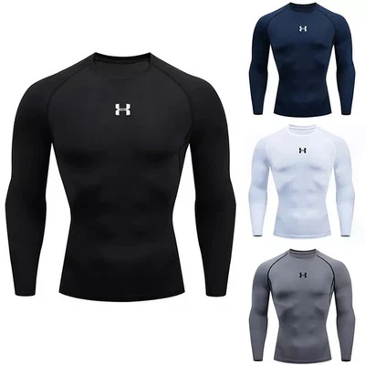 Mens Compression Armour Base Layer Top Long Sleeve Thermal Gym Sports Shirts UK - Image 1 of 4