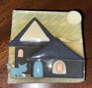 Vintage House Pins by Lucinda Brooch Pin Blue Cat Door Houses Moon - Picture 1 of 4