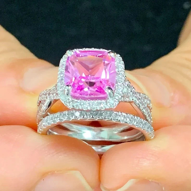 Anillo de compromiso de oro blanco sólido de 18 quilates con diamantes de zafiro rosa natural de 3,00 quilates Foto 1 de 4