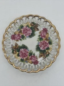 Royal Sealy China Reticulated Iridescent Saucer • Floral Pink Roses & Gold Trim - Picture 1 of 9