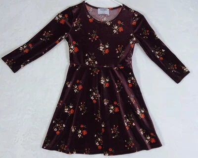 Old Navy Girl Velvet Dress Sz M (0) Red Burgandy Rose Floral Long Sleeve A Line - Image 1 of 4