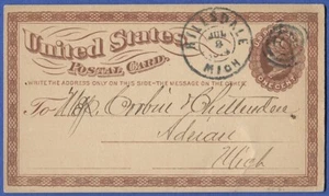 UX3/S2 SP-21 Liberty Postal Card, Used VF, Hillsdale, MI 1874 target cancel - Picture 1 of 2