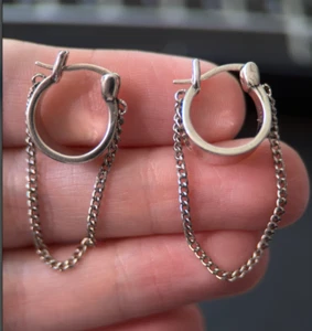 Chic 925 Silver Huggie Earrings with Dangling Chain, 1.5" Length, .5" Huggie - Picture 1 of 7