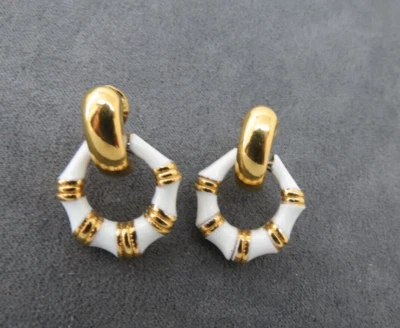 Monet Hoop Clip On Earrings Luxury White Enamel Gold Tone Circle Design 1" High - Image 1 of 4