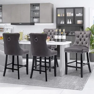 SOAR FLASH  Modern Velvet Upholstered Bar Stools Set of 4 with Wood Legs - Picture 1 of 56