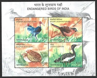 (BL) 2006 AVES EN PELIGRO DE EXTINCIÓN DE LA INDIA HOJA MINIATURA MNH Foto 1 de 2