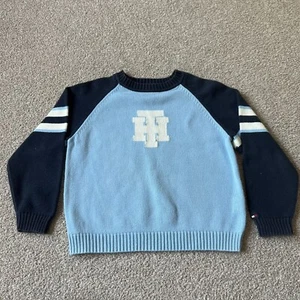 Vintage 90s Tommy Hilfiger Crewneck Tight Knit Sweater Baby Blue Logo Kids 6 - Picture 1 of 6