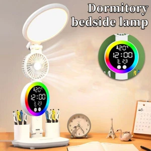 LED Clock Table Lamp USB Chargeable Dimmable Desk Lamp Plug-in LED Fan Light Fol - Picture 1 of 13
