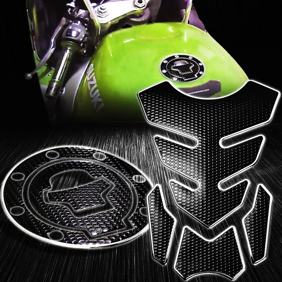 Almohadilla perforada para tanque de gasolina 4 piezas + cubierta de tapa de combustible 97-03 GSXR-600/750/1000 cromo plateado Foto 1 de 4