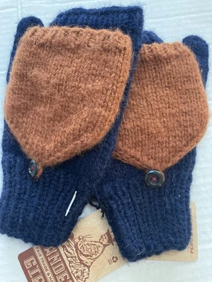 Fingerless Fold Over Mittens Fair Trade Navy Brown Boliva Andes Gifts Handmade - Image 1 of 4