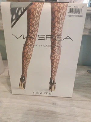 NEW Via Spiga Snow Dust Granite Black Lace Tights Pantyhose Sparkle NEW - Image 1 of 4