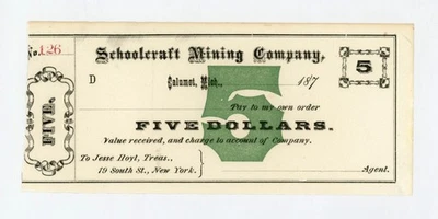 1870's $5 The Schoolcraft Mining Company - Calumet, MICHIGAN Note UNC - Image 1 of 2