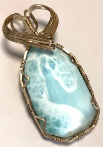 Larimar Wire Wrapped Pendant Large Gemstone Solid Sterling Silver Handmade NOS - Picture 1 of 8