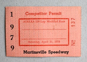 Martinsville Speedway Competitor Permit Azalea 150 Lap Modified Race 4/21/79 - Picture 1 of 3