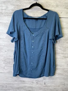 Torrid Blouse Womens 1 Blue Short Sleeve Button Front Boho Lace Trim Rayon Top - Picture 1 of 9