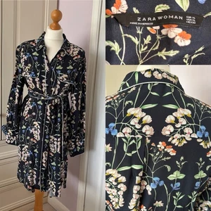 Zara Floral Botanical Garden Print Belted Shirt Dress Navy Size XL - Picture 1 of 10
