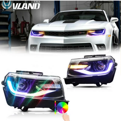 Pair LED Dual Beam RGB DRL Front Lamps Headlights For 2014 2015 Chevy 	Camaro - Image 1 of 4
