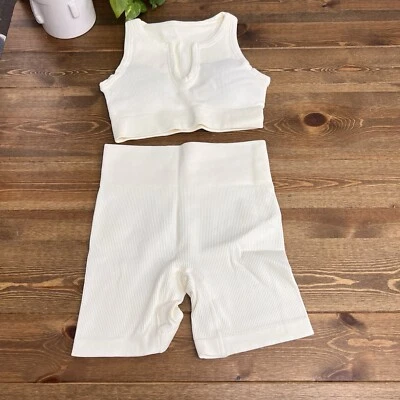 Workout Outfit Yoga Set Small Crop Top / Shorts Beige - Image 1 of 4