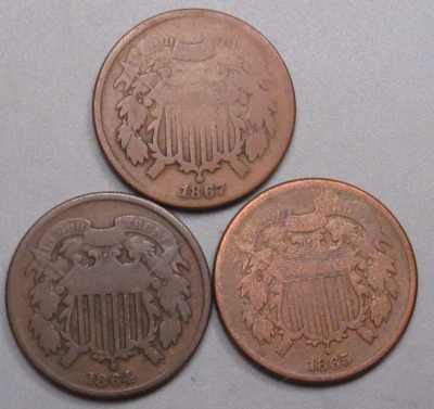 3 US 2¢ Two Cent Piece 1864, 1865, 1867 - Image 1 of 4