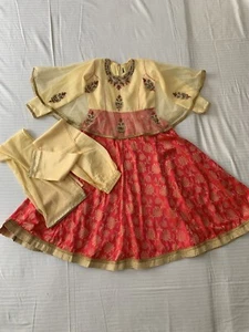 Girls Anarkali 4pc Suit 30 Pakistani Indian Yellow Pink Dress Shalwar Kameez NWT - Picture 1 of 12