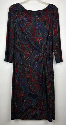 Lauren Ralph Dress Womens 10 Faux Wrap Midi Paisley Boho Comfort Office Party - Image 1 of 4