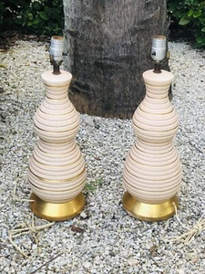 PAIR Vintage 1950’s Mid Century Modern Ceramic Pink Gold Striped Table Lamps - Picture 1 of 11
