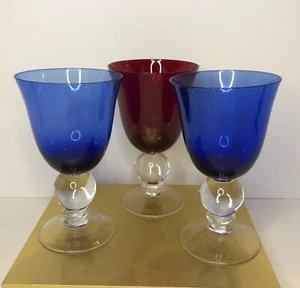 Cobalt Blue & Red Water/Wine Ball Stem Goblets 2 Blue And 1 Red Glass 6 1/2” - Picture 1 of 5