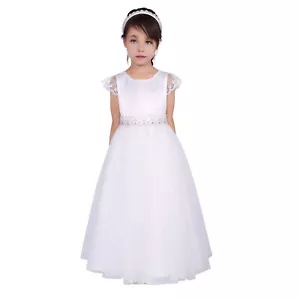 Spanish First Commuion Long Dress White Lace Belt Cap Sleeves for Girls Party - Picture 1 of 8