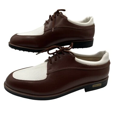 NUEVO Zapatos de Golf Oxford Tehama 9 Marrón Blanco Cuero Hechos en Italia Dinero Antiguo Preppy Foto 1 de 4