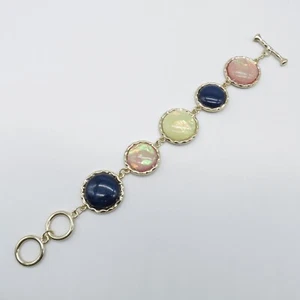 Foiled Resin Cabochon Link Bracelet 7.5"to8.5" Multicolor Gold Tone Cute Beauty - Picture 1 of 8