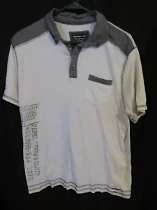 Men’s Paper Denim & Cloth Gray Striped Polo Shirt Metallic Silver Logo Sz Medium - Picture 1 of 4