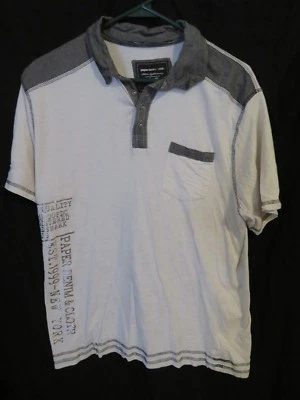 Men’s Paper Denim & Cloth Gray Striped Polo Shirt Metallic Silver Logo Sz Medium - Image 1 of 4