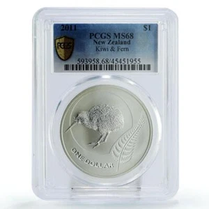 New Zealand 1 dollar Kiwi Bird Fauna Fern Leaf MS68 PCGS silver coin 2011 - Picture 1 of 2