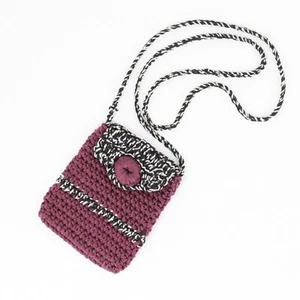 Hand Crochet Handbag Women Micro Maroon Black Button Pouch Purse Shoulder Bag - Picture 1 of 14